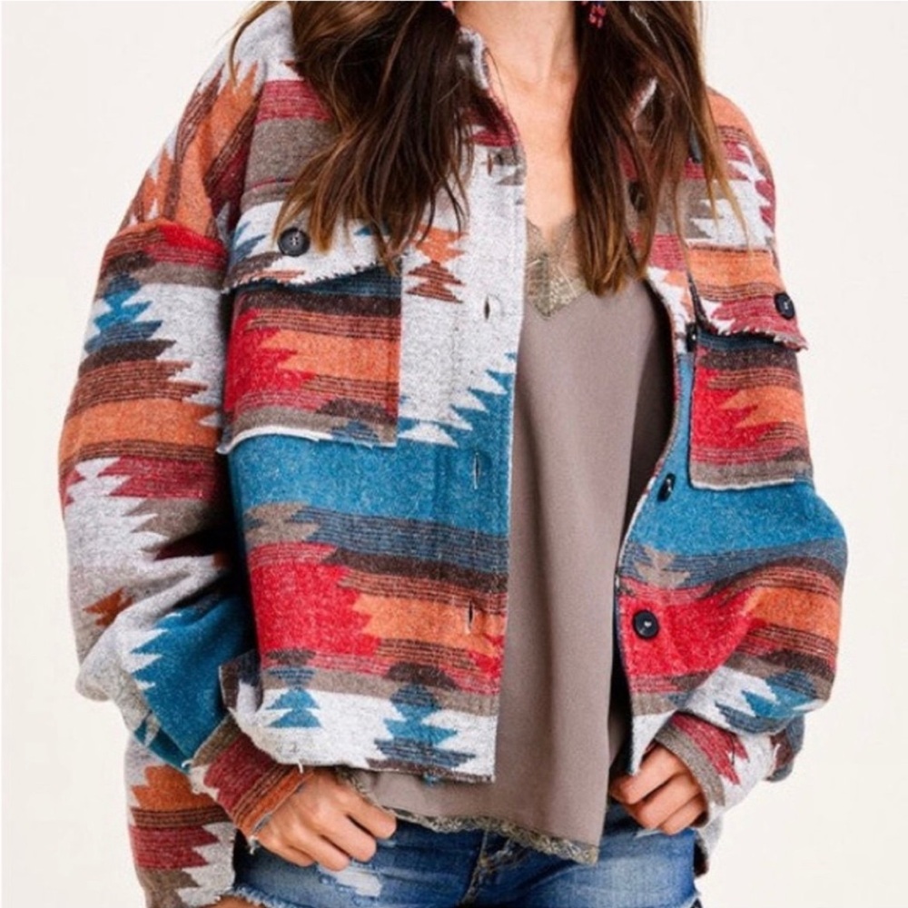 NEW! La Miel Women’s Southwestern Aztec Blanket Shacket Button Up Jacket
